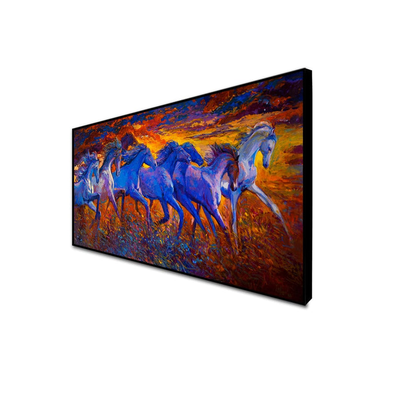 DecorGlance Rectangle painting CANVAS PRINT BLACK FLOATING FRAME / (48x24) Inch / (121x60) Cm Seven Horses Floating Frame Canvas Wall Painting