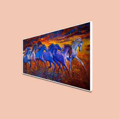 DecorGlance Rectangle painting CANVAS PRINT WHITE FLOATING FRAME / (48x24) Inch / (121x60) Cm Seven Horses Floating Frame Canvas Wall Painting