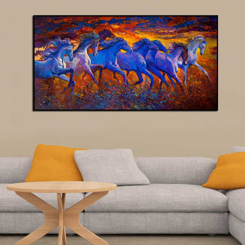 DecorGlance Rectangle painting Seven Horses Floating Frame Canvas Wall Painting