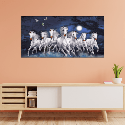 DecorGlance Rectangle painting Seven Horses Running At Night Canvas Wall Painting