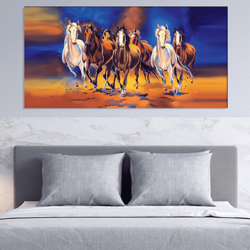 DecorGlance Rectangle painting Seven Running Horse Canvas Wall Painting