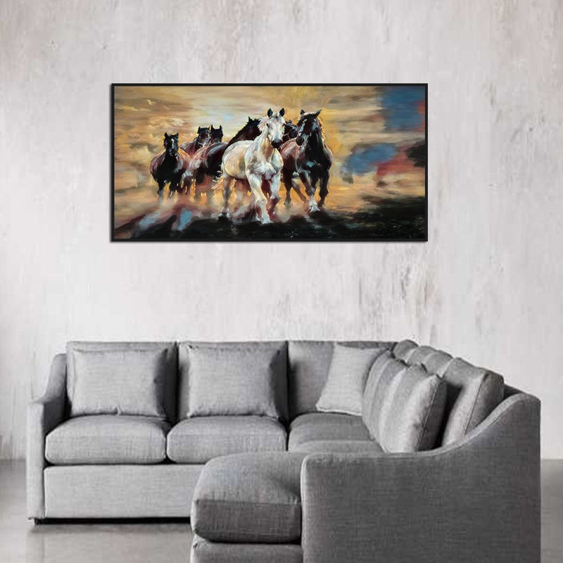 DecorGlance Rectangle painting Seven Running Horses Abstract Canvas Floating Frame Wall Painting