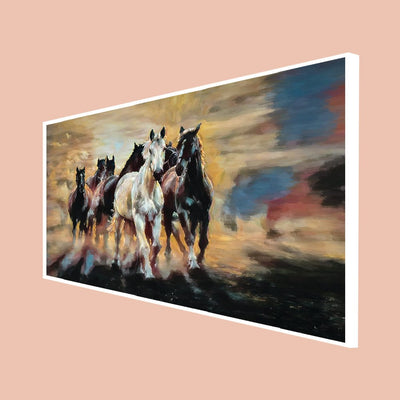DecorGlance Rectangle painting CANVAS PRINT WHITE FLOATING FRAME / (24 X 48) Inch / (60 X 121) Cm Seven Running Horses Abstract Canvas Floating Frame Wall Painting