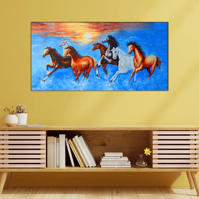 DecorGlance Rectangle painting Seven Running Horses Canvas Wall Painting