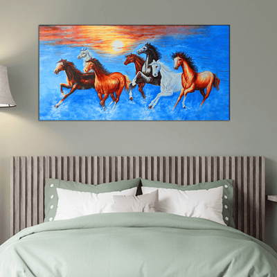 DecorGlance Rectangle painting Seven Running Horses Canvas Wall Painting