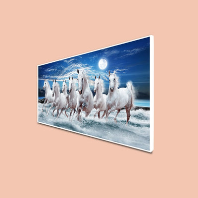DecorGlance Rectangle painting CANVAS PRINT WHITE FLOATING FRAME / (48x24) Inch / (60 X 121) Cm Seven White Running Horses Floating Frame Wall Painting
