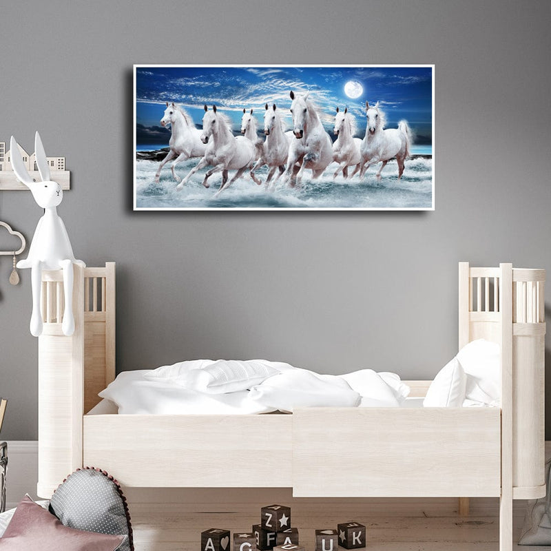 DecorGlance Rectangle painting Seven White Running Horses Floating Frame Wall Painting