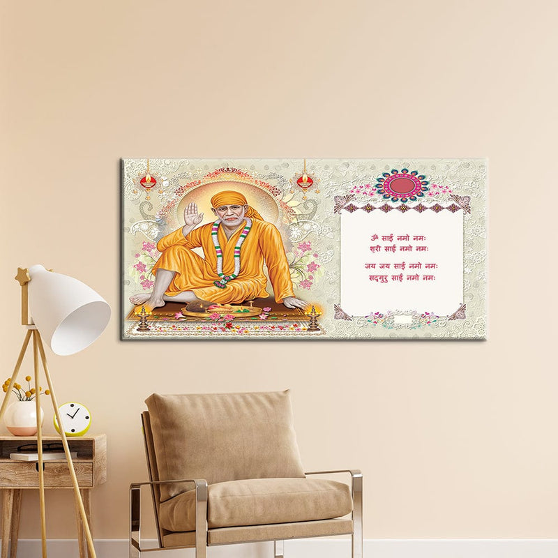 DecorGlance Rectangle painting Shirdi Sai Baba With Mantra Canvas Big Wall Painting