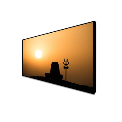 DecorGlance Rectangle painting CANVAS PRINT BLACK FLOATING FRAME / (48x24) Inch / (121x60) Cm Shiva Linga With Trishul Silhouette Canvas Floating Frame Wall Painting
