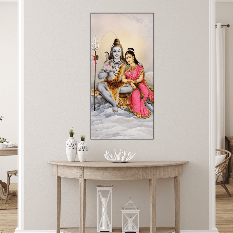 DecorGlance Rectangle painting Shiva Parvati In Kailash Canvas Wall Painting