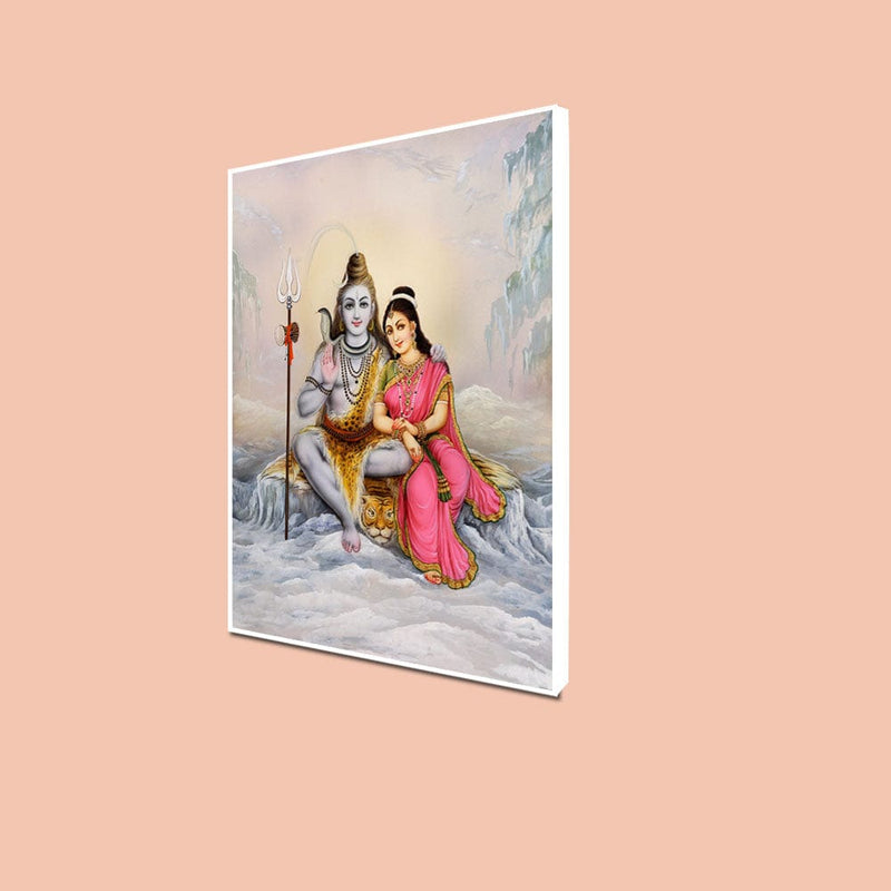 DecorGlance Rectangle painting CANVAS PRINT WHITE FLOATING FRAME / (48x24) Inch / (121x60) Cm Shiva Parvati In Kailash Floating Frame Canvas Wall Painting