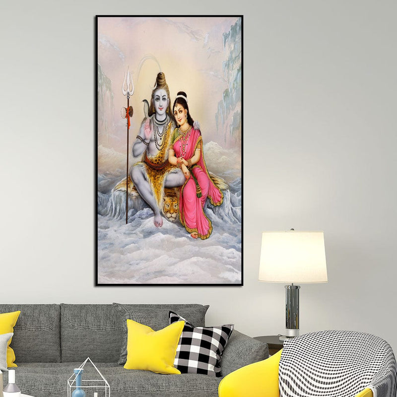 DecorGlance Rectangle painting Shiva Parvati In Kailash Floating Frame Canvas Wall Painting