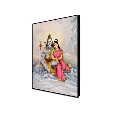 DecorGlance Rectangle painting CANVAS PRINT BLACK FLOATING FRAME / (48x24) Inch / (121x60) Cm Shiva Parvati In Kailash Floating Frame Canvas Wall Painting