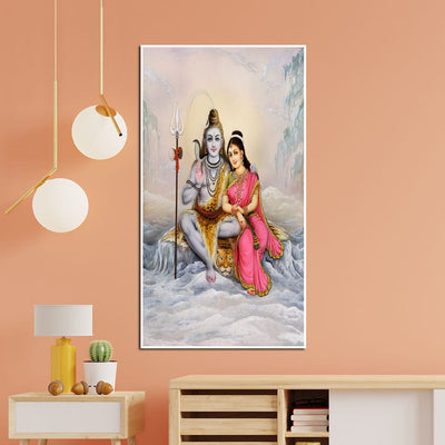 DecorGlance Rectangle painting Shiva Parvati In Kailash Floating Frame Canvas Wall Painting