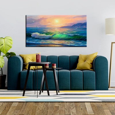 DecorGlance Rectangle painting Sunset Sky And Waves Canvas Wall Painting
