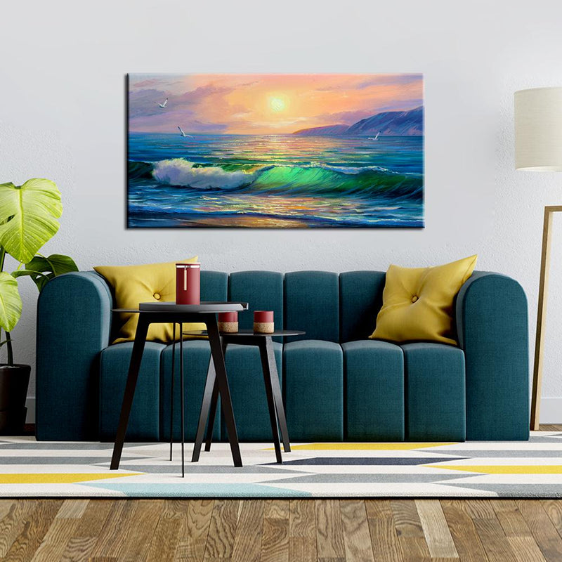 DecorGlance Rectangle painting Sunset Sky And Waves Canvas Wall Painting