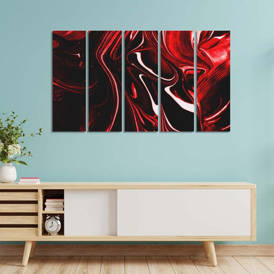 DecorGlance Red Fluid Effect Abstract Canvas Wall Painting - With 5 Panel