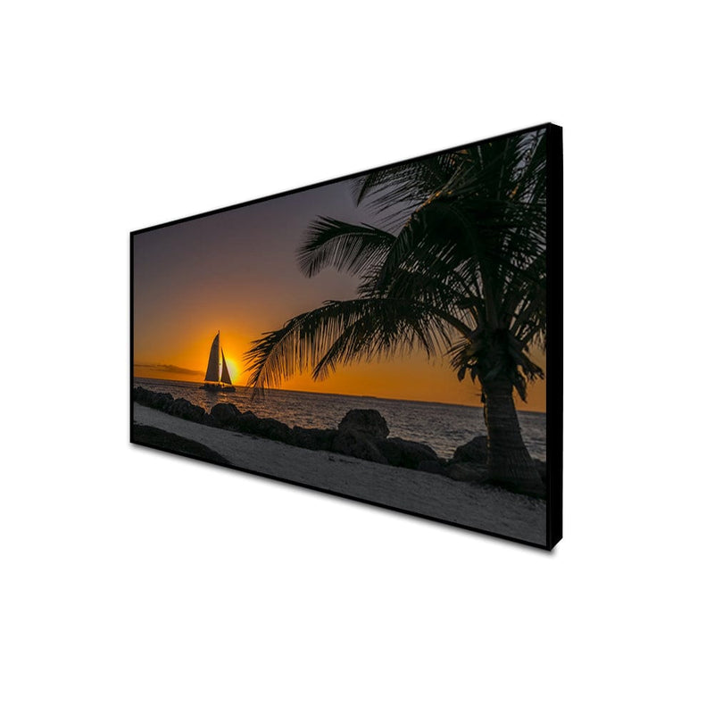 DecorGlance CANVAS PRINT BLACK FLOATING FRAME / (48x24) Inch / (121x60) Cm Row Boat In Beach During Sunset Canvas Floating Frame Wall Painting