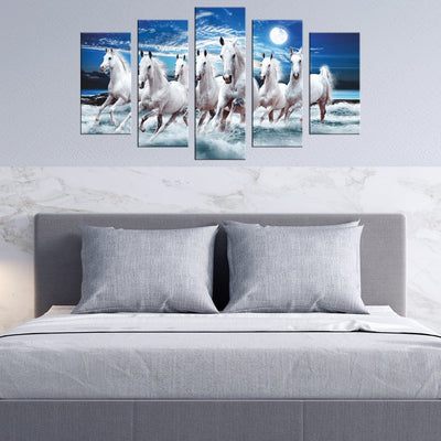DECORGLANCE Seven White Running Horses Canvas Panel Wall Painting - 5 Frames