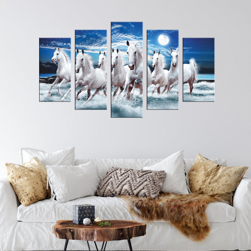 DECORGLANCE Seven White Running Horses Canvas Panel Wall Painting - 5 Frames