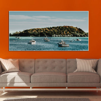 DecorGlance Ships In River View Canvas Floating Frame Wall Painting