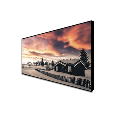 DecorGlance CANVAS PRINT BLACK FLOATING FRAME / (48x24) Inch / (121x60) Cm Snow Covered Huts Canvas Floating Frame Wall Painting