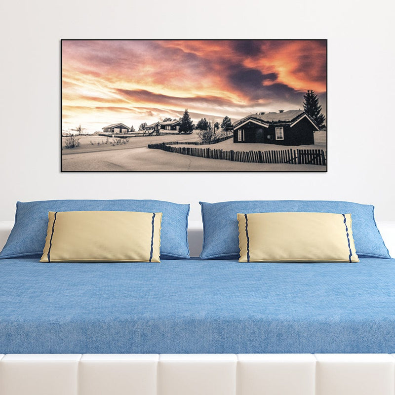 DecorGlance Snow Covered Huts Canvas Floating Frame Wall Painting