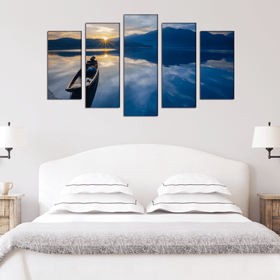 DECORGLANCE Sunset and Boat Canvas Wall Painting- With 5 Frames