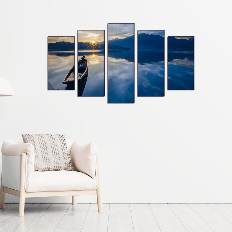 DECORGLANCE Sunset and Boat Canvas Wall Painting- With 5 Frames