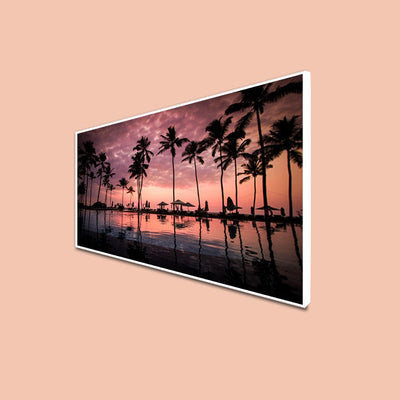 DecorGlance CANVAS PRINT WHITE FLOATING FRAME / (48x24) Inch / (121x60) Cm Sunset Beach View Canvas Floating Frame Wall Painting