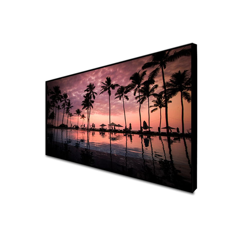 DecorGlance CANVAS PRINT BLACK FLOATING FRAME / (48x24) Inch / (121x60) Cm Sunset Beach View Canvas Floating Frame Wall Painting
