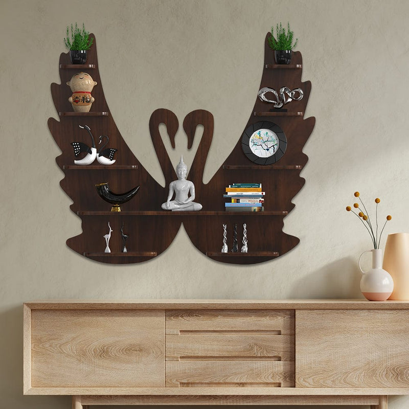 DecorGlance Regular (33 inches X 38 Inches) Swan shape Wooden Wall Shelf / Book Shelf /  Walnut Wood