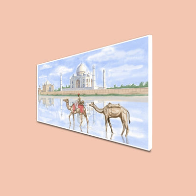 DecorGlance CANVAS PRINT WHITE FLOATING FRAME / (48x24) Inch / (121x60) Cm Taj Mahal With Camel Canvas Floating Wall Painting