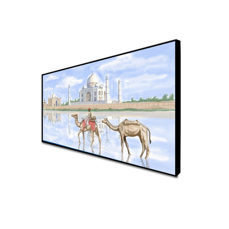 DecorGlance CANVAS PRINT BLACK FLOATING FRAME / (48x24) Inch / (121x60) Cm Taj Mahal With Camel Canvas Floating Wall Painting