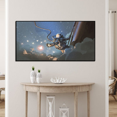 DecorGlance The Astronaut Catching The Glowing Butterflies Floating Frame Canvas Wall Painting