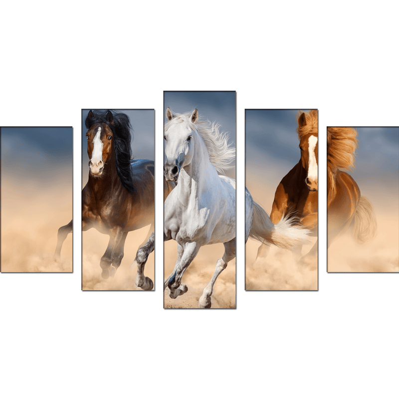 DECORGLANCE Three Running Horses Canvas Wall Painting- With 5 Frames