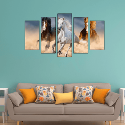 DECORGLANCE Three Running Horses Canvas Wall Painting- With 5 Frames