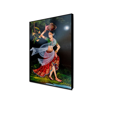 DecorGlance CANVAS PRINT BLACK FLOATING FRAME / (48x24) Inch / (121x60) Cm Traditional Indian Girl Canvas Floating Frame Wall Painting