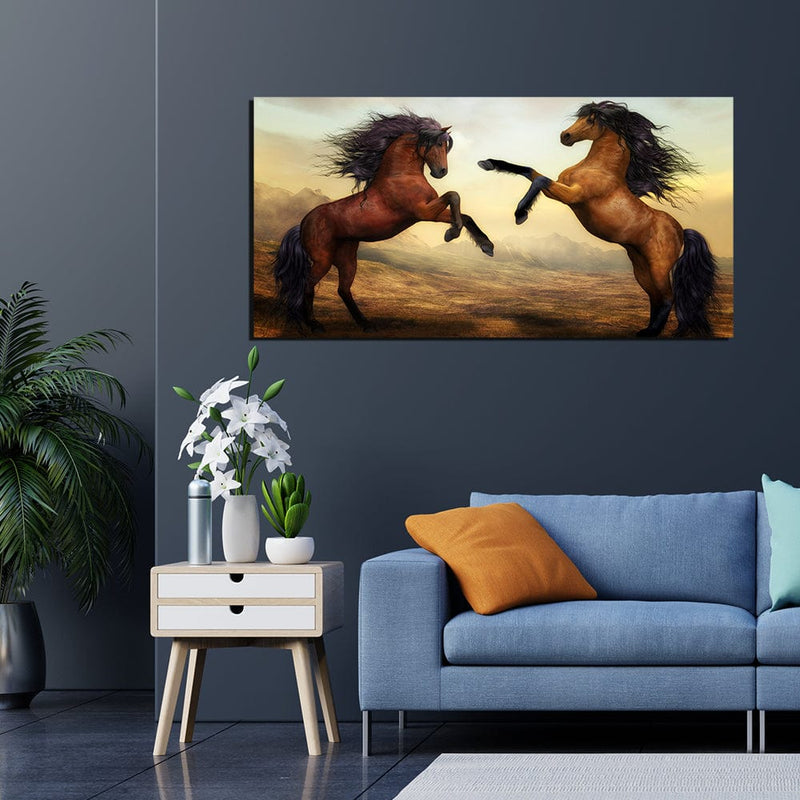 DecorGlance Two Horses Dancing On Desert Canvas Wall Painting