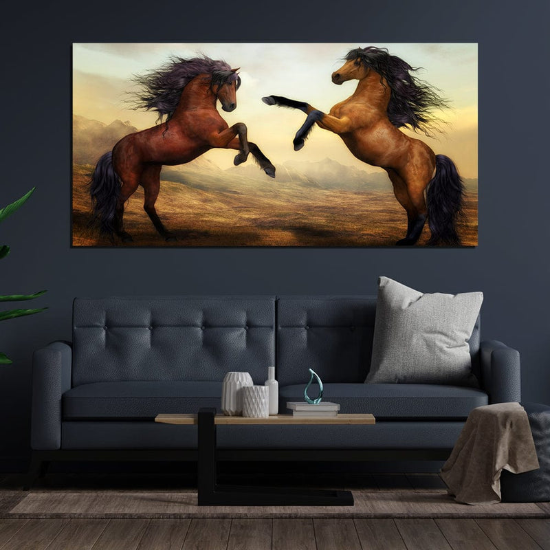 DecorGlance Two Horses Dancing On Desert Canvas Wall Painting