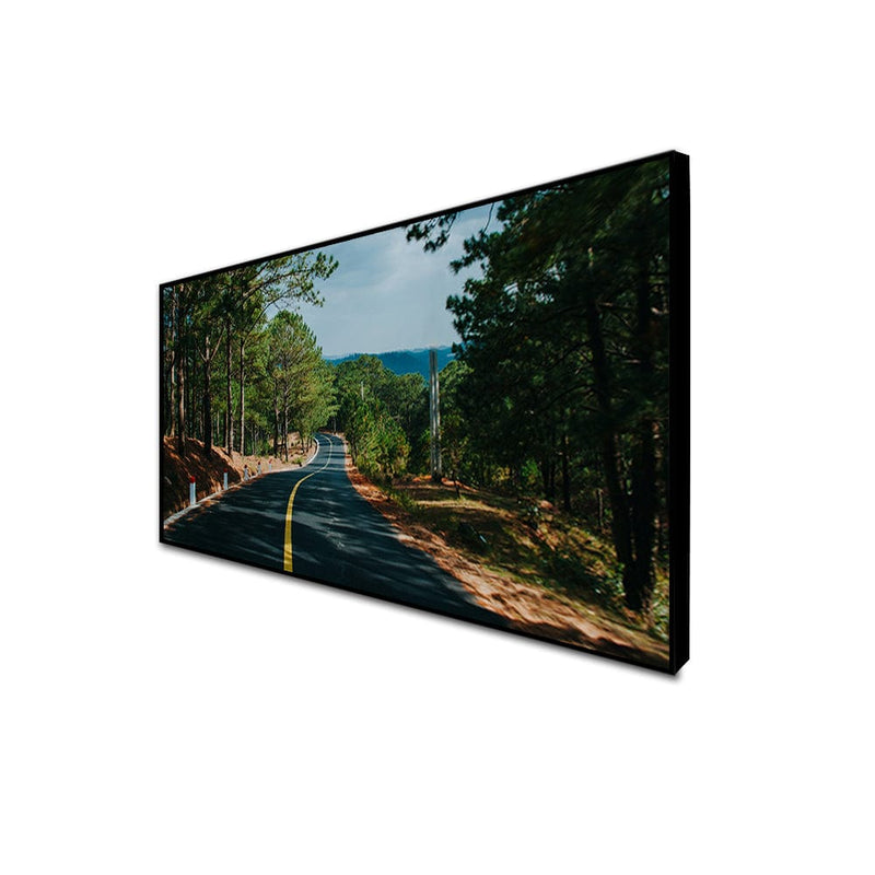 DecorGlance CANVAS PRINT BLACK FLOATING FRAME / (48x24) Inch / (121x60) Cm View Of A Long Road With Trees Canvas Floating Frame Wall Painting