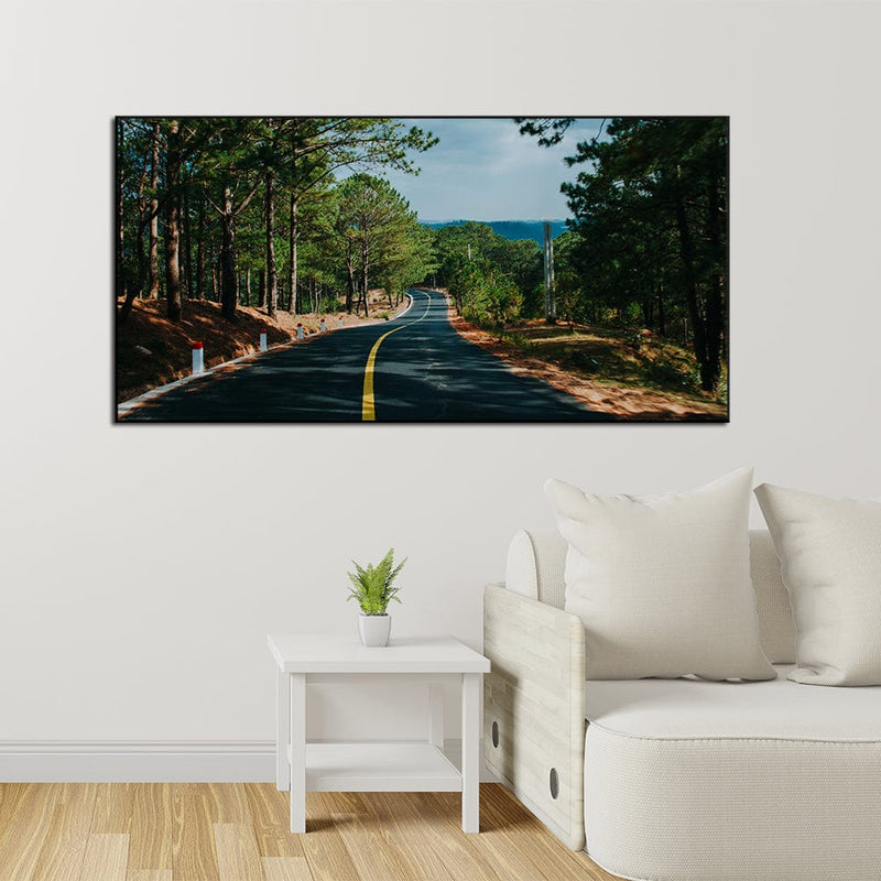 DecorGlance View Of A Long Road With Trees Canvas Floating Frame Wall Painting