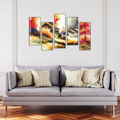 DECORGLANCE Village Scenery Abstract Art Canvas  Wall Painting - With 5 Frames