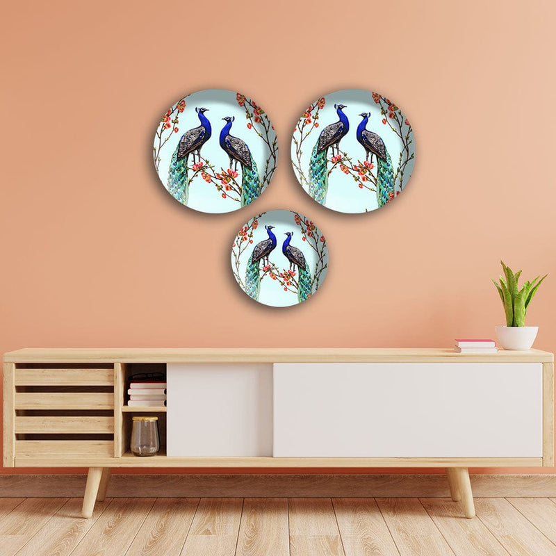 DecorGlance Wall accent Pair of Peacock Wall Plates Painting Set of Three