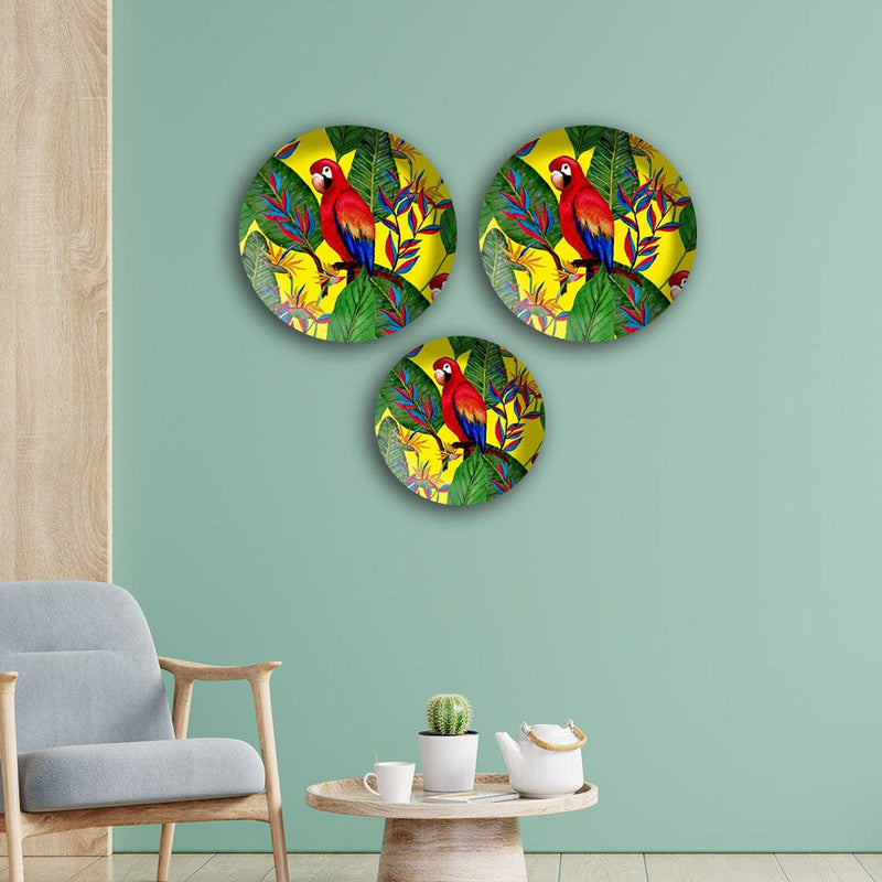DecorGlance Wall accent Parrot Classic Madhubani Wall Plates Painting Set of Three