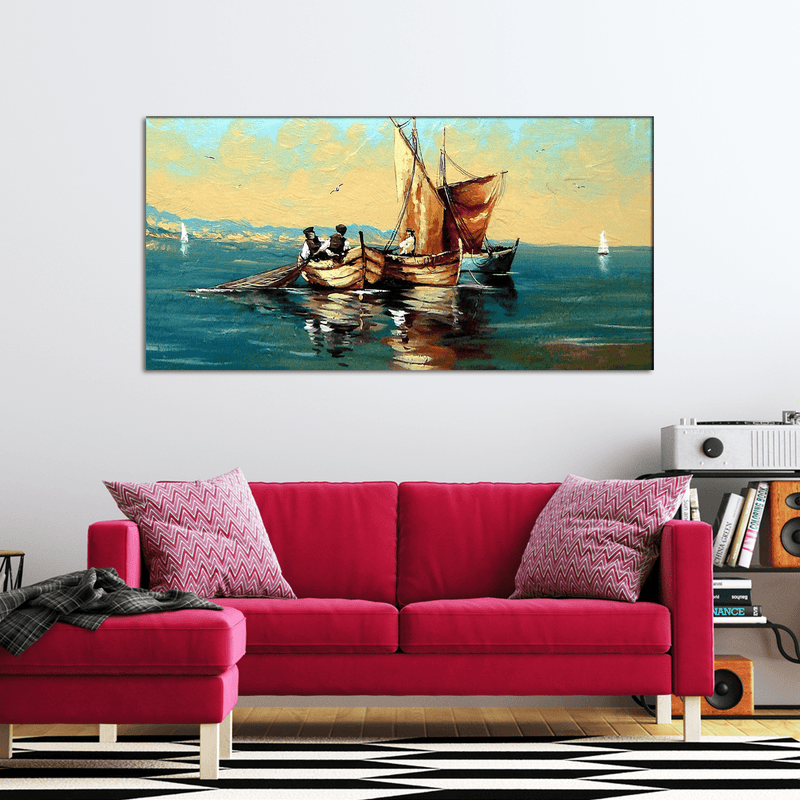 DECORGLANCE wall painting Oil Color Boat & River View Canvas Wall Painting