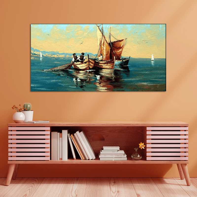 DECORGLANCE wall painting Oil Color Boat & River View Canvas Wall Painting