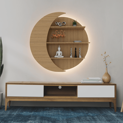 DecorGlance Wall Shelf Regular (36 inches X 35 Inches) / BACKLIT Moon Shape Wood Wall Shelf / Book Shelf, Oak Finish
