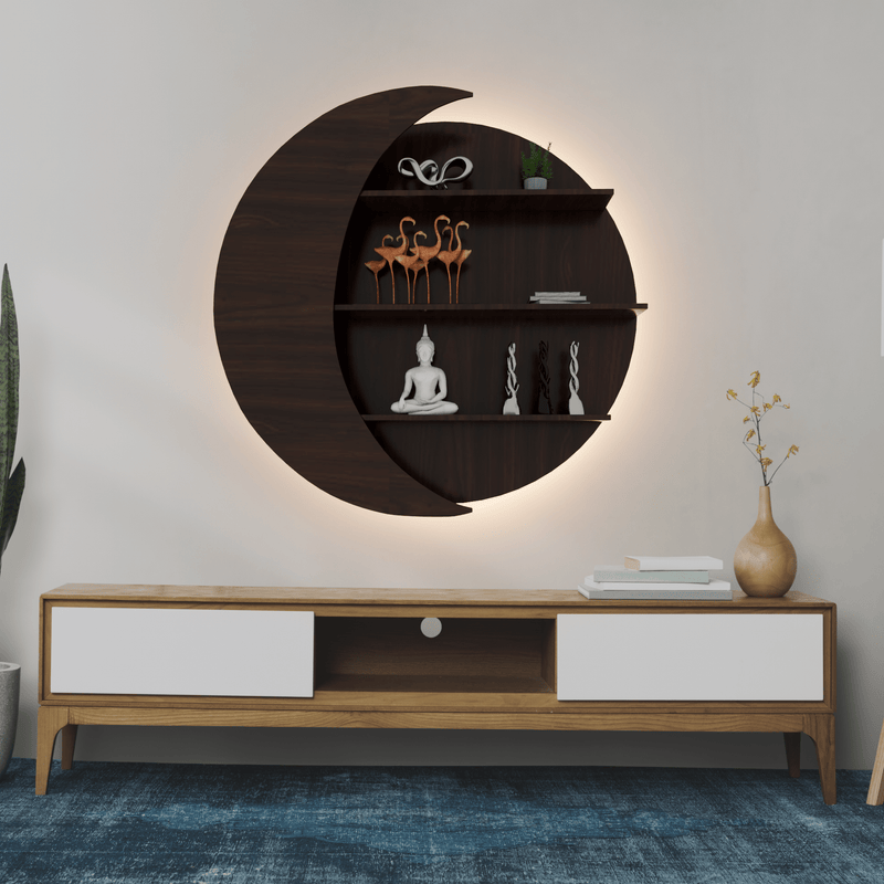 DecorGlance Wall Shelf Regular (36 inches X 35 Inches) / BACKLIT Moon Shape Wood Wall Shelf / Book Shelf, Walnut Finish