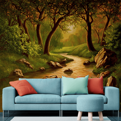 DecorGlance Wallpaper Oil Color Forest Scenery Art Digitally Printed Wallpaper